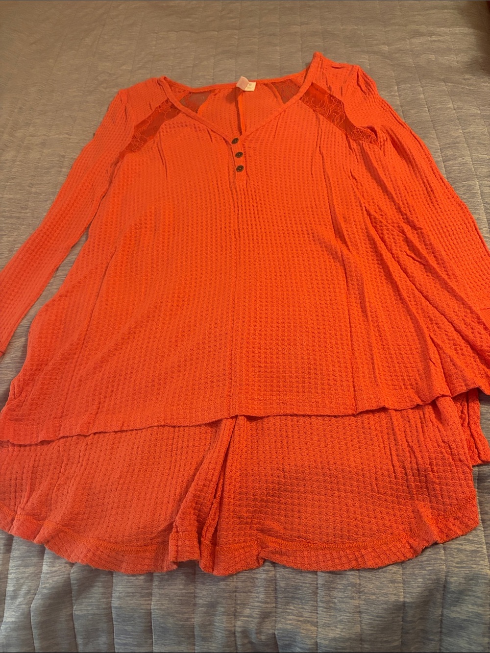 Others Follow Bright Orange Waffle-Texture Long Sleeve Top with V-Neck